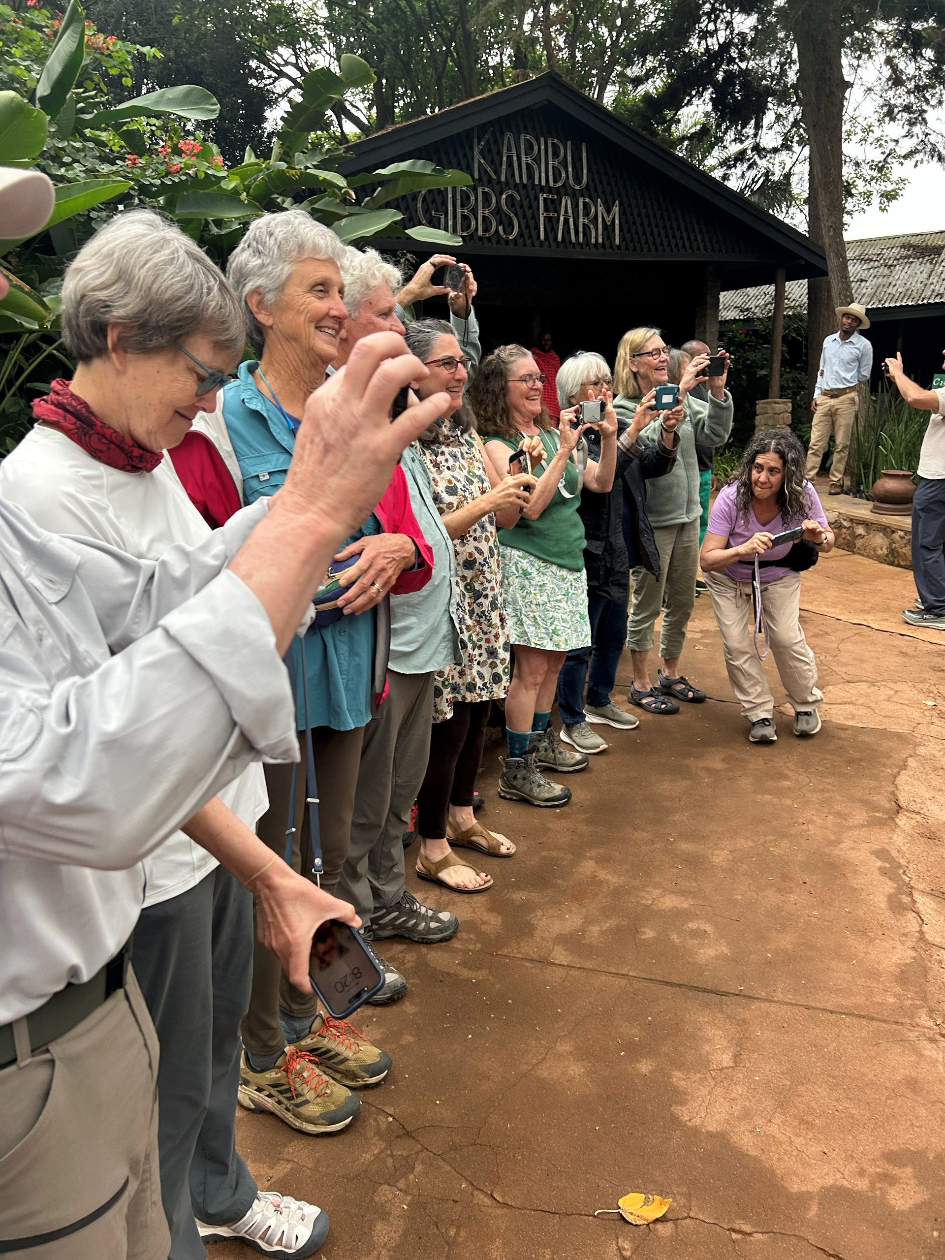 The group lined up on the Gibb's Farm terrace, every person holding up a phone or camera to record the Tloma Village Choir performing — the Karibu Gibbs Farm pavilion visible behind them, tropical gardens all around