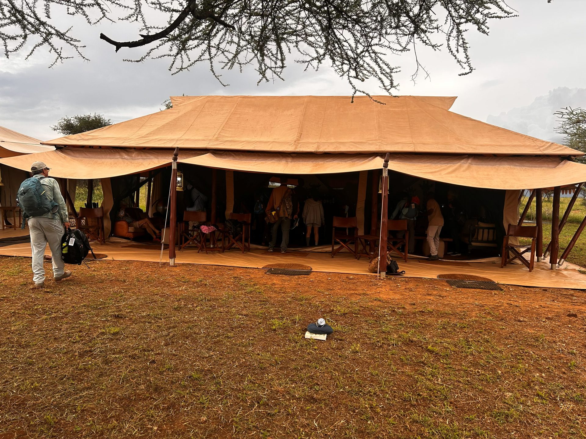 The Nyumba social tent — open-sided canvas pavilion with the group gathered inside, acacia tree overhead