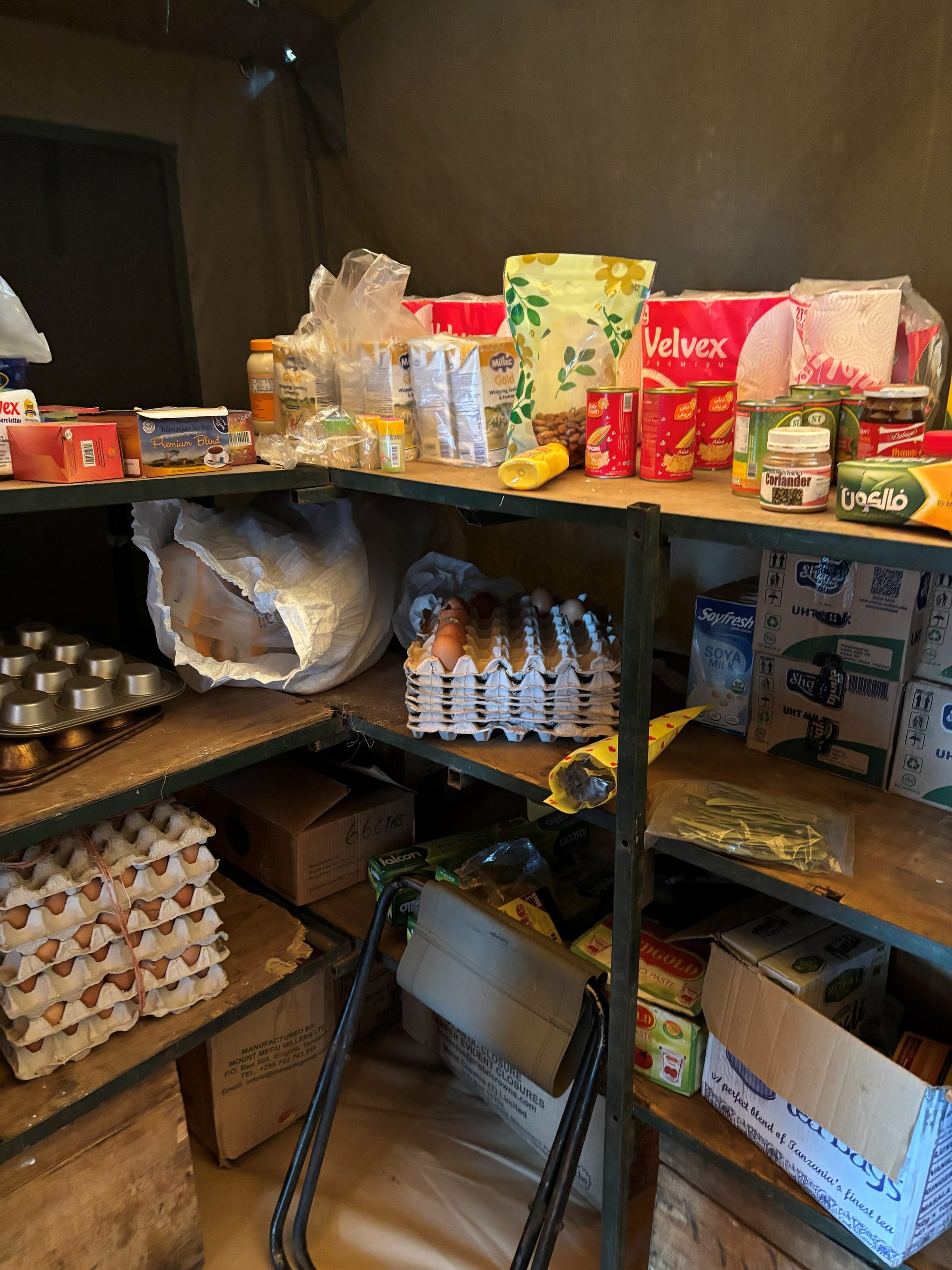 The camp dry goods pantry — steel shelving stacked with egg cartons, tea, canned goods, spices, soy milk, and bulk supplies