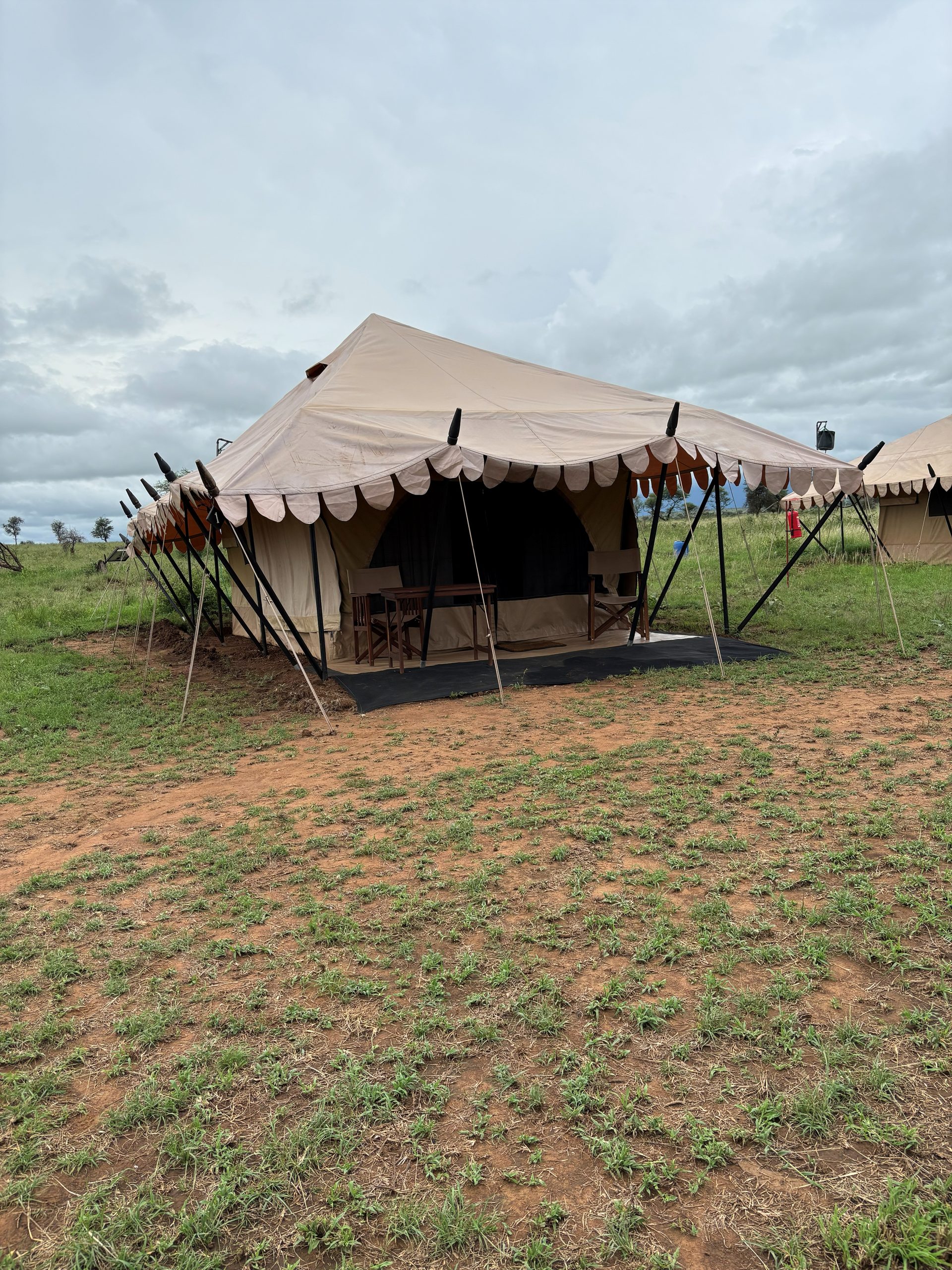 A Thomson Safaris Nyumba tent — cream canvas with orange-scalloped trim, director's chairs on the porch, Serengeti plain behind